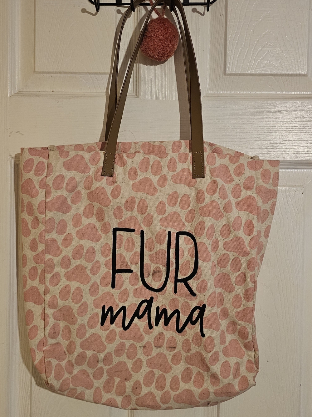Source Unknown Pink Pattern 'FUR mama' Tote with Tan Handles